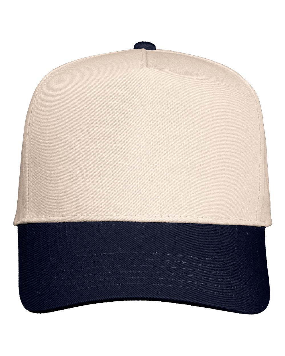 Front View of Natural/ Navy Five-Panel Twill Cap - 8869