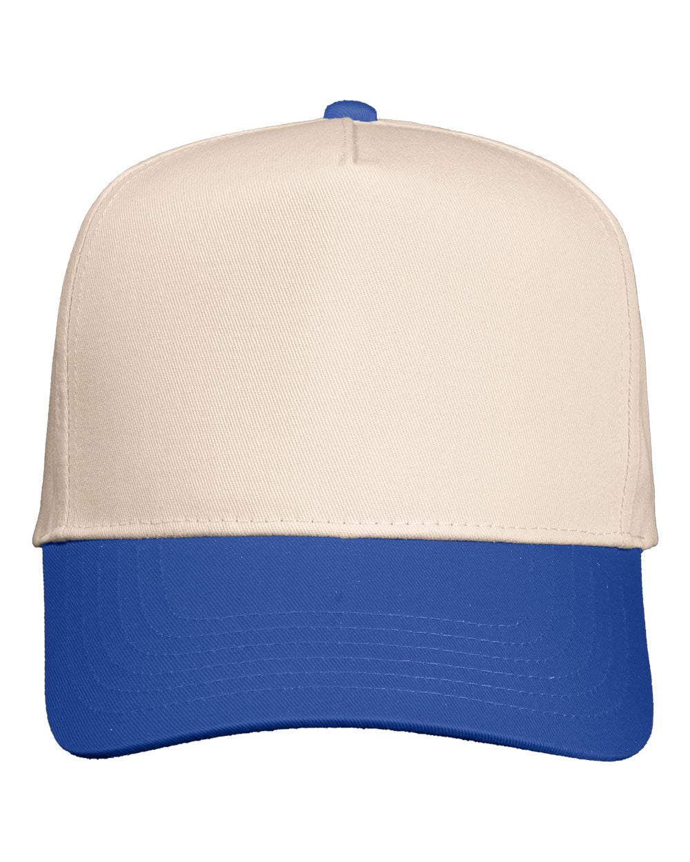 Front View of Natural/ Royal Five-Panel Twill Cap - 8869