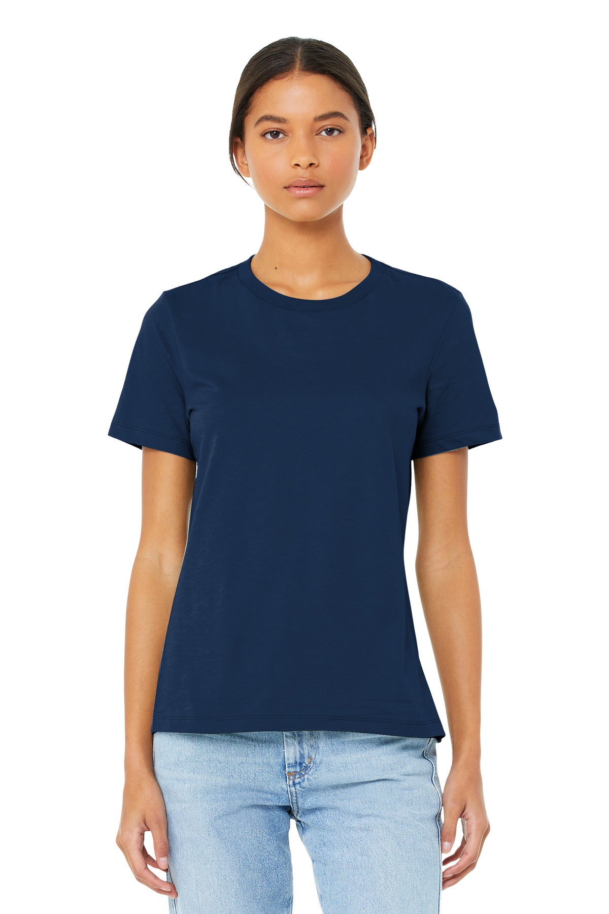Front View of Navy BELLA+CANVAS Women's Relaxed Jersey Short Sleeve Tee. BC6400