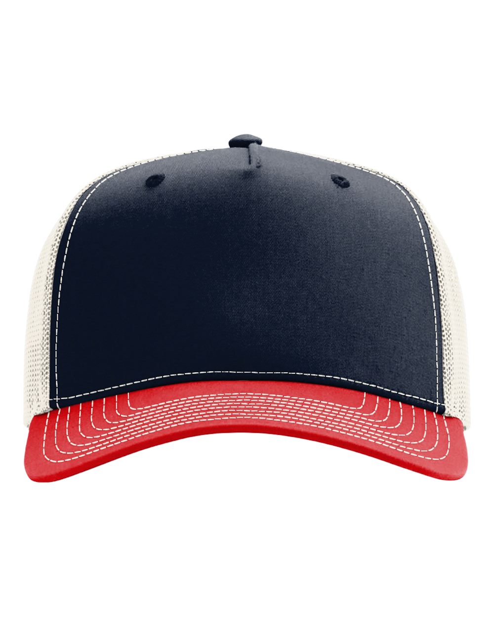 Front View of Navy/ Birch/ Red Five-Panel Champ Trucker Cap - 112FPC