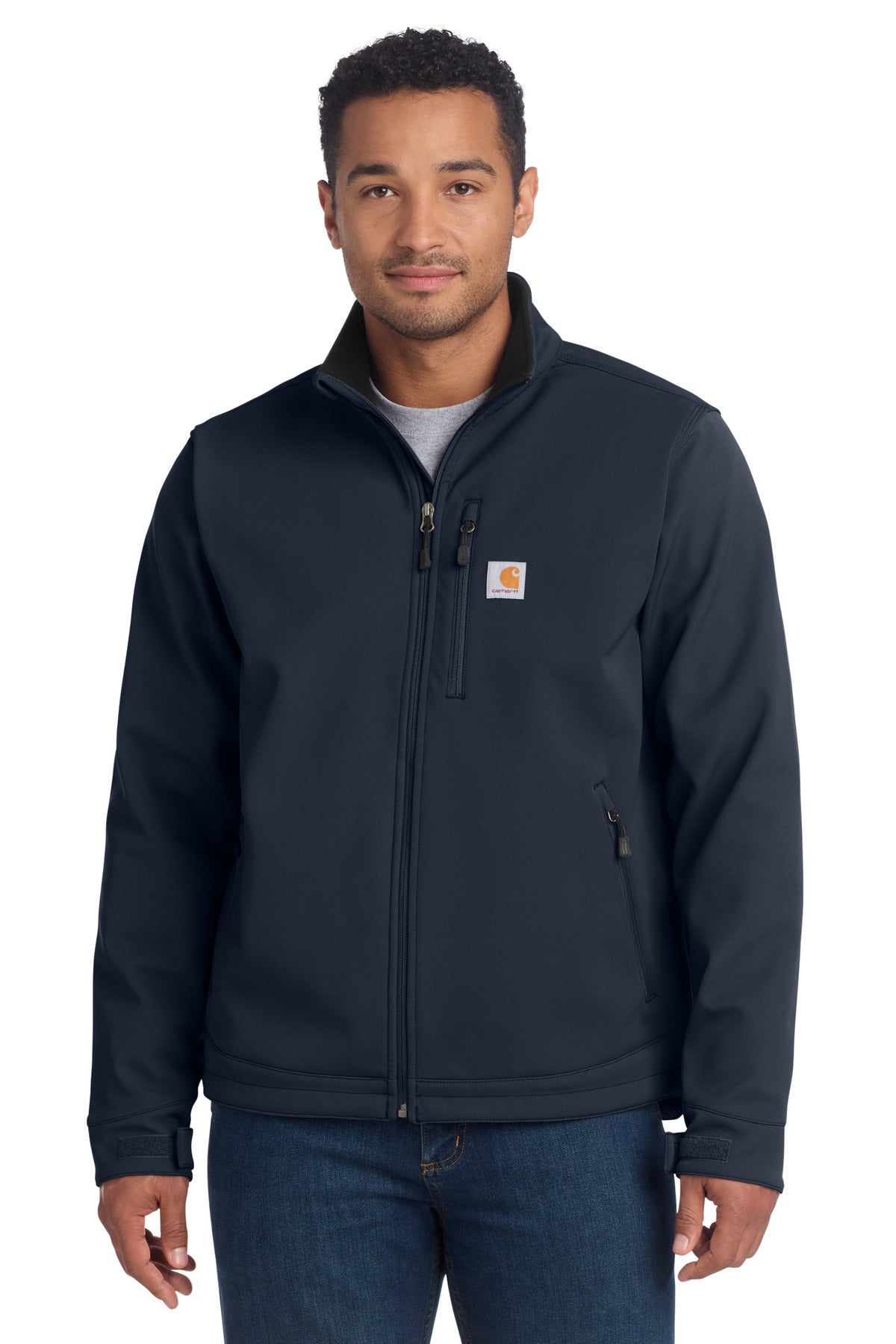 Front View of Navy Carhartt Crowley Soft Shell Jacket. CT102199