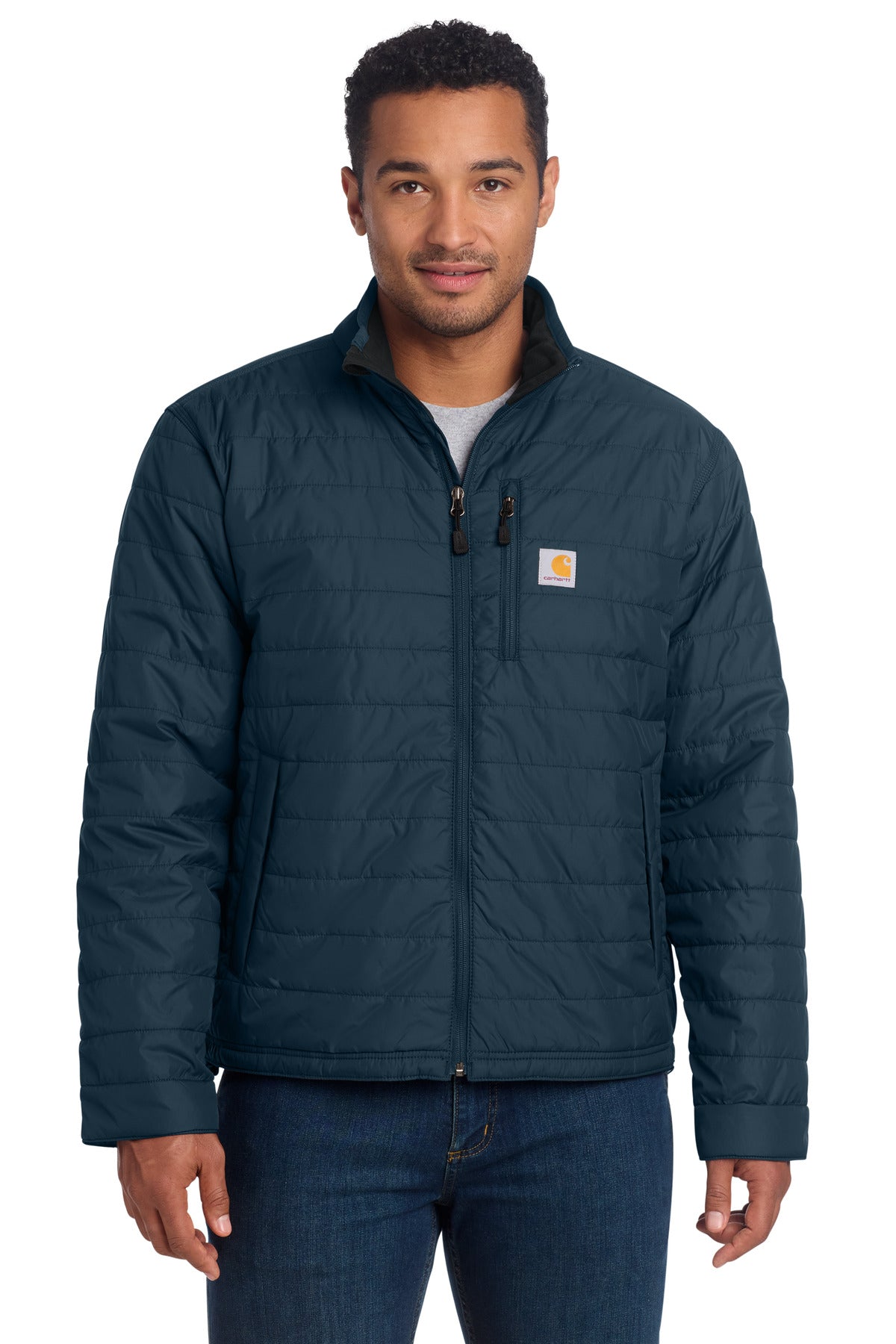 Front View of Navy Carhartt Gilliam Jacket. CT102208