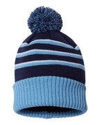 Front View of Navy/ Columbia Blue/ White Pom Cuffed Beanie - 134
