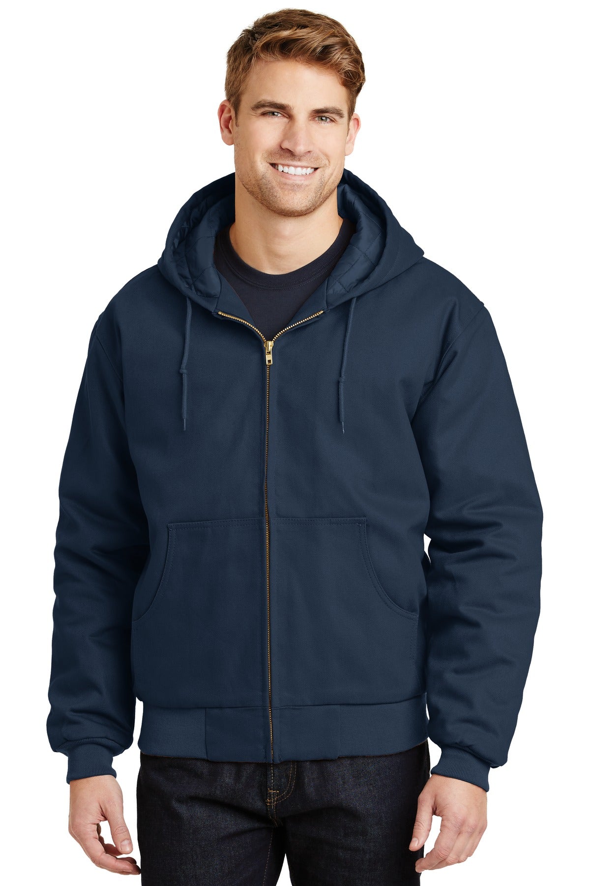 Front View of Navy CornerStone - Duck Cloth Hooded Work Jacket. J763H
