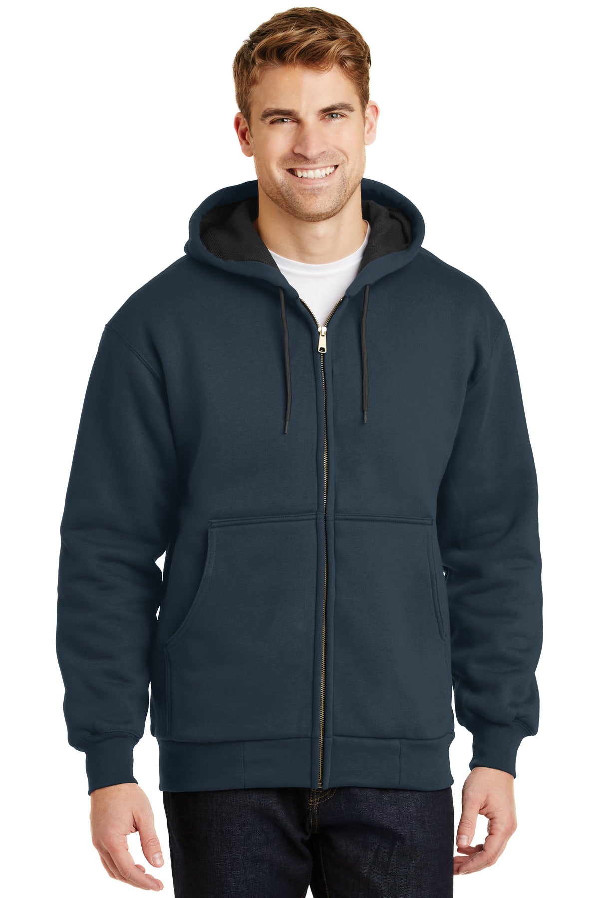 Front View of Navy CornerStone - Heavyweight Full-Zip Hooded Sweatshirt with Thermal Lining. CS620