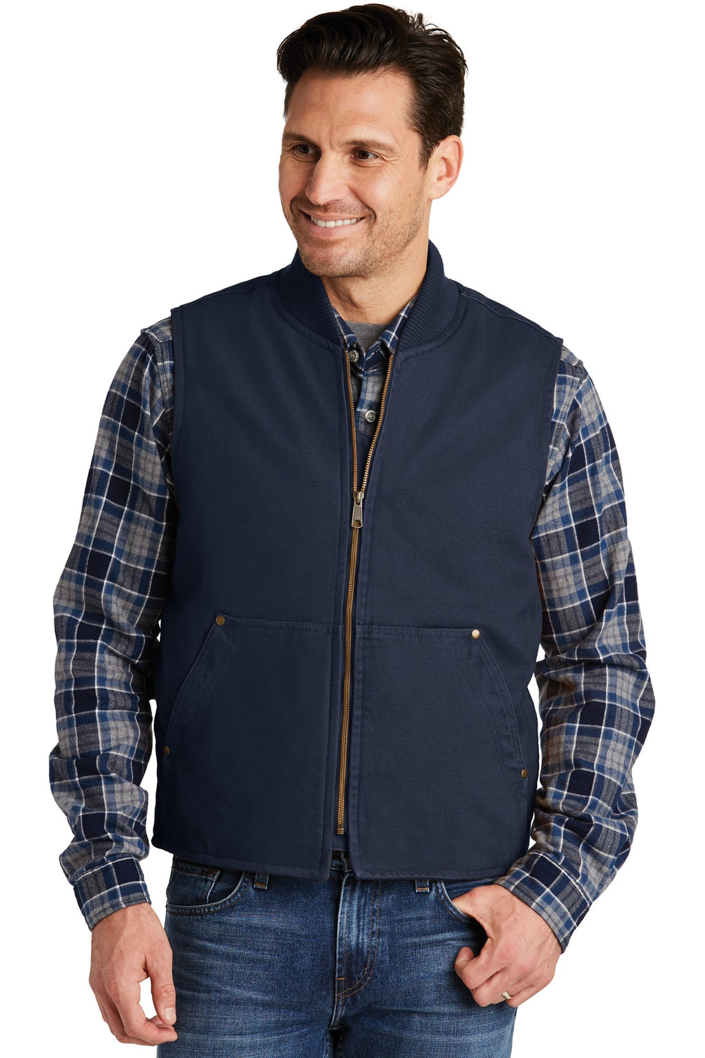 Front View of Navy CornerStone Washed Duck Cloth Vest. CSV40