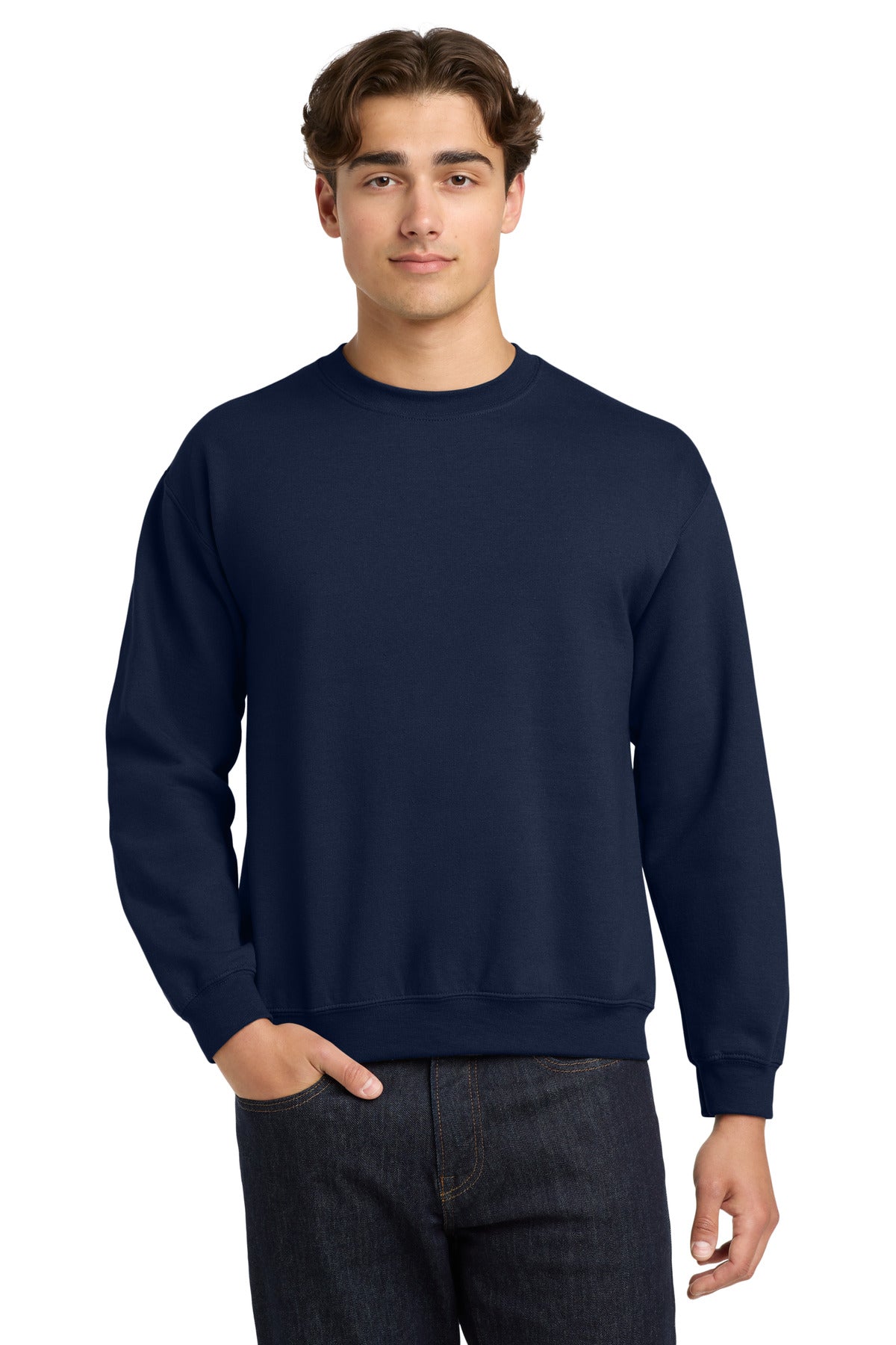 Front View of Navy Gildan Heavy Blend Crewneck Sweatshirt. 18000