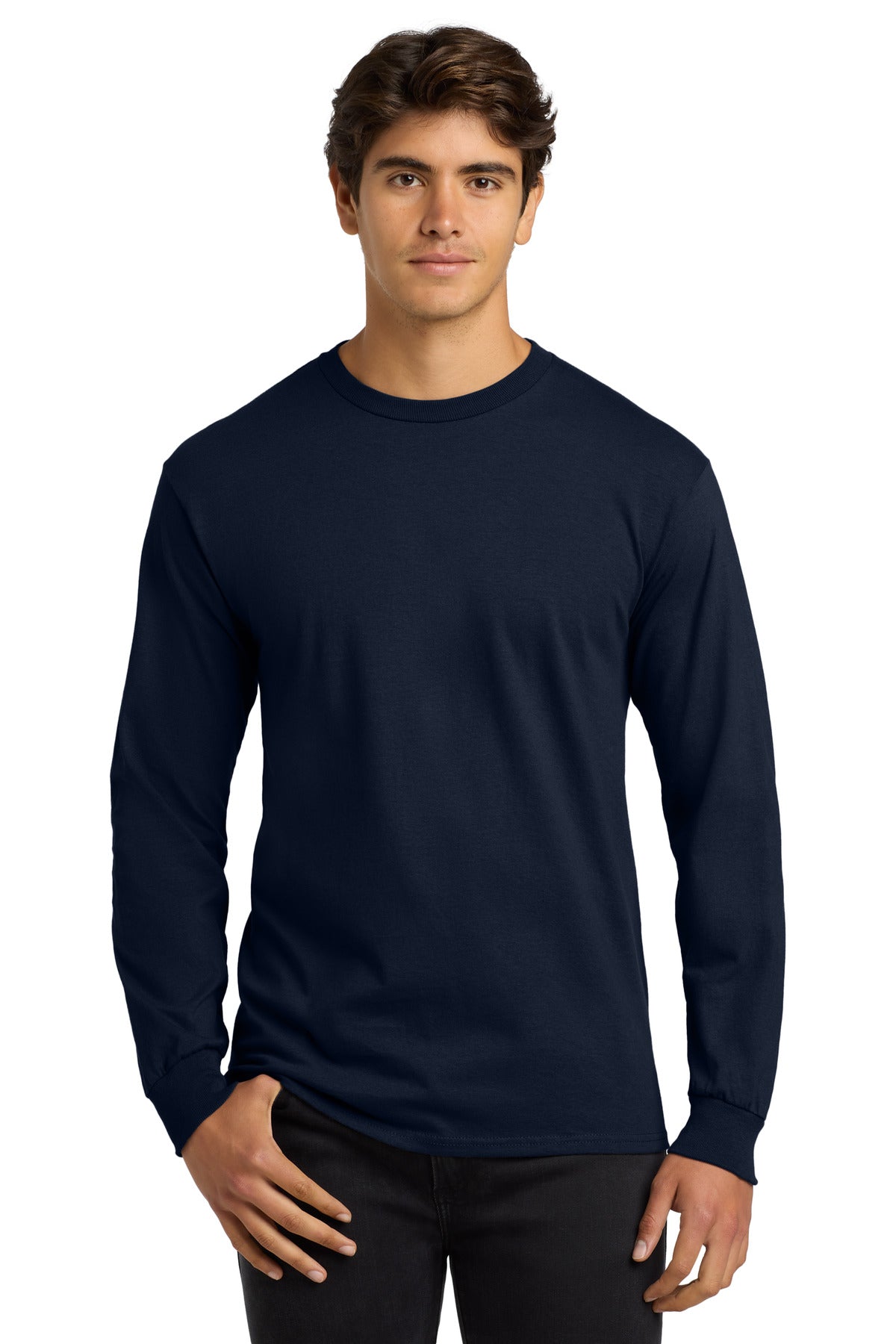 Front View of Navy Gildan - Ultra Cotton 100% US Cotton Long Sleeve T-Shirt. G2400