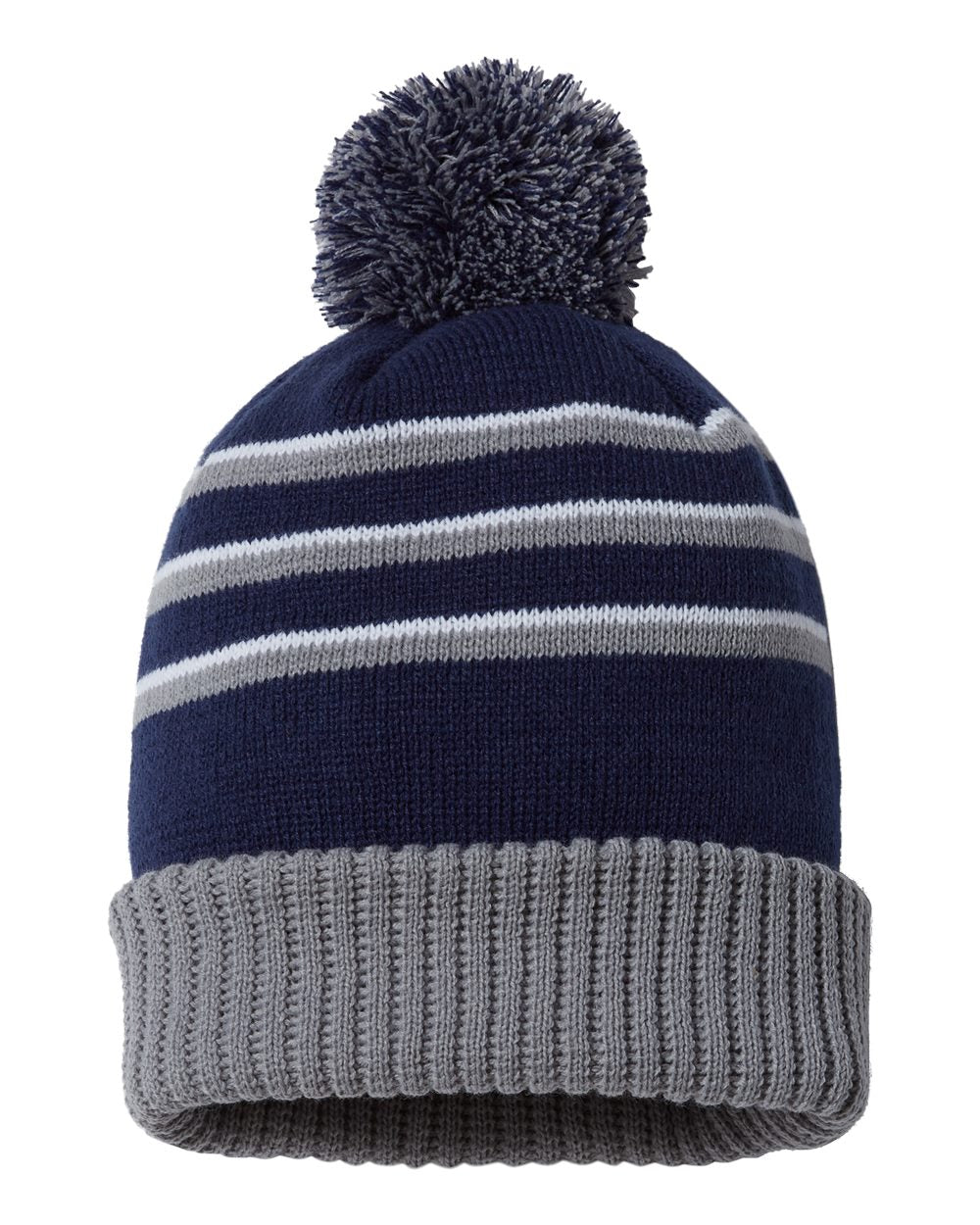 Front View of Navy/ Grey/ White Pom Cuffed Beanie - 134