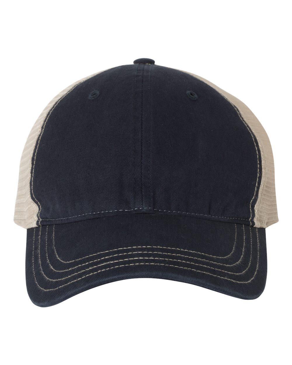 Front View of Navy/ Khaki Garment-Washed Trucker Cap - 111