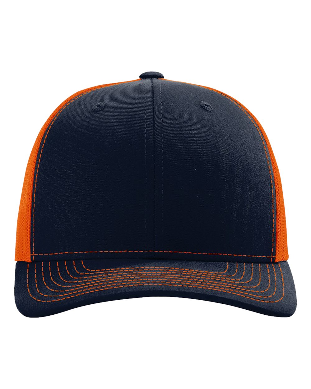 Front View of Navy/ Orange Snapback Trucker Cap - 112