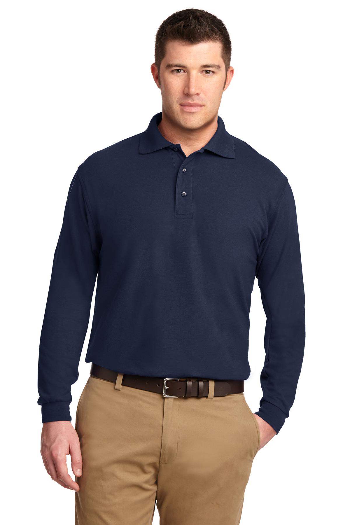 Front View of Navy Port Authority Silk Touch Long Sleeve Polo. K500LS