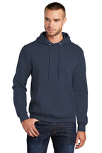Front View of Navy Port & Co Core Fleece Pullover Hooded Sweatshirt. PC78H