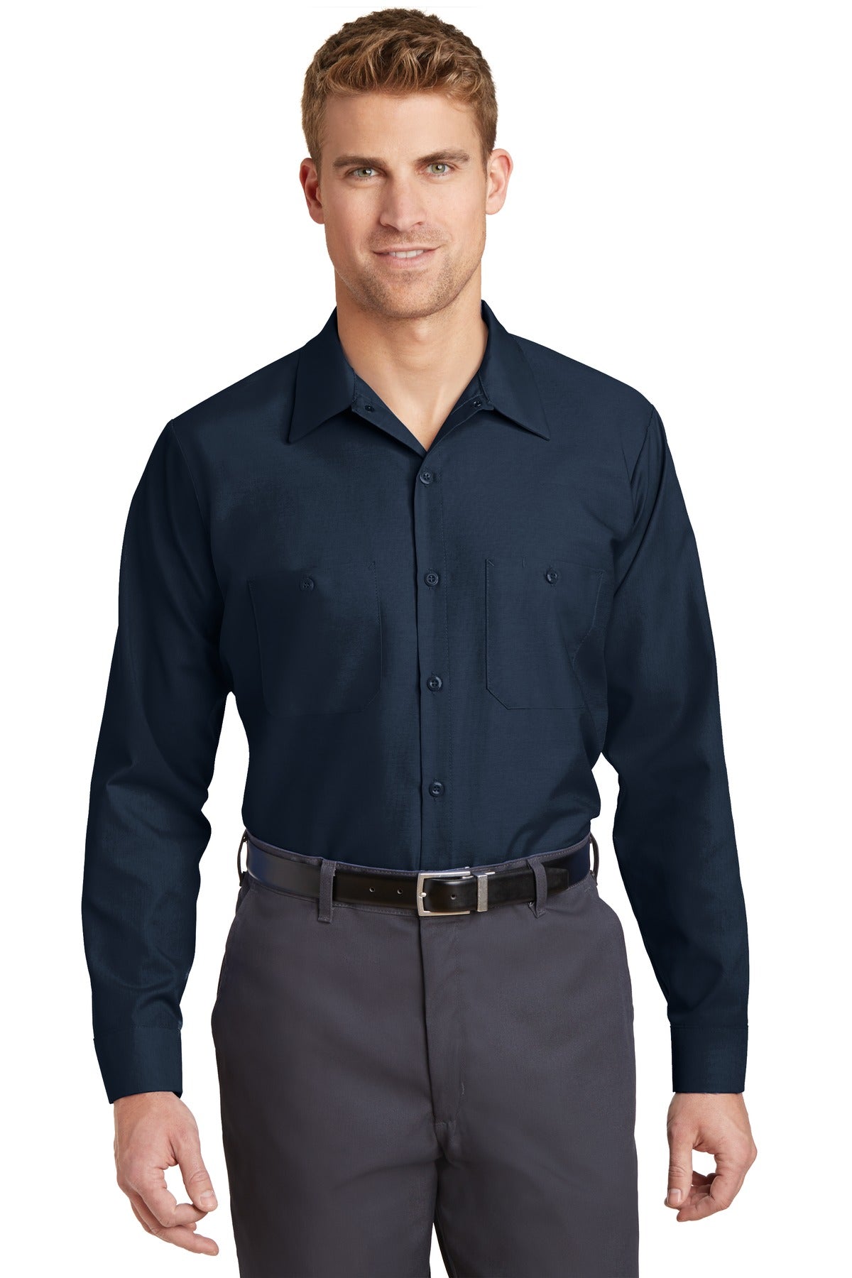 Front View of Navy Red Kap Long Sleeve Industrial Work Shirt. SP14