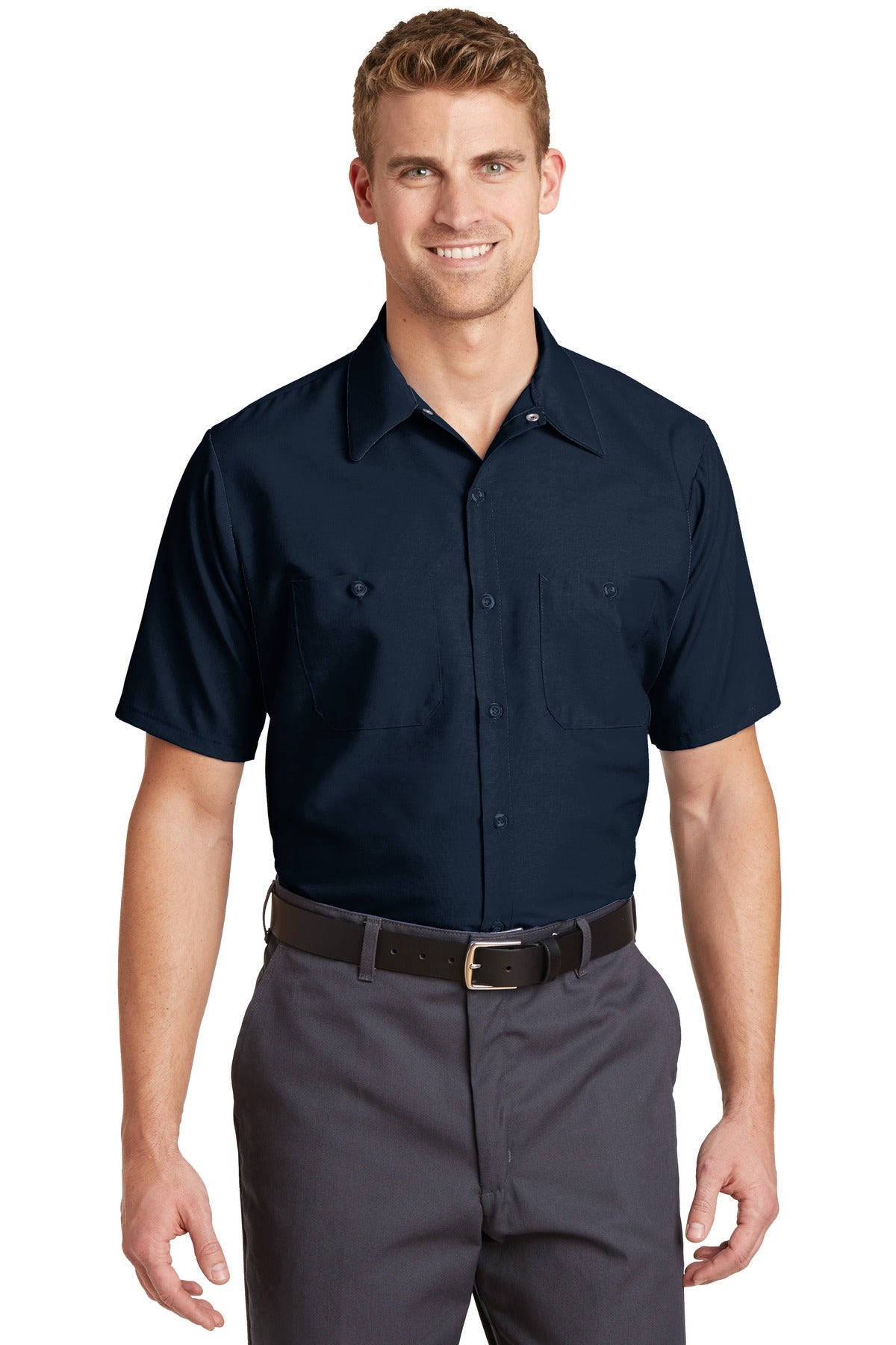 Front View of Navy Red Kap Short Sleeve Industrial Work Shirt. SP24