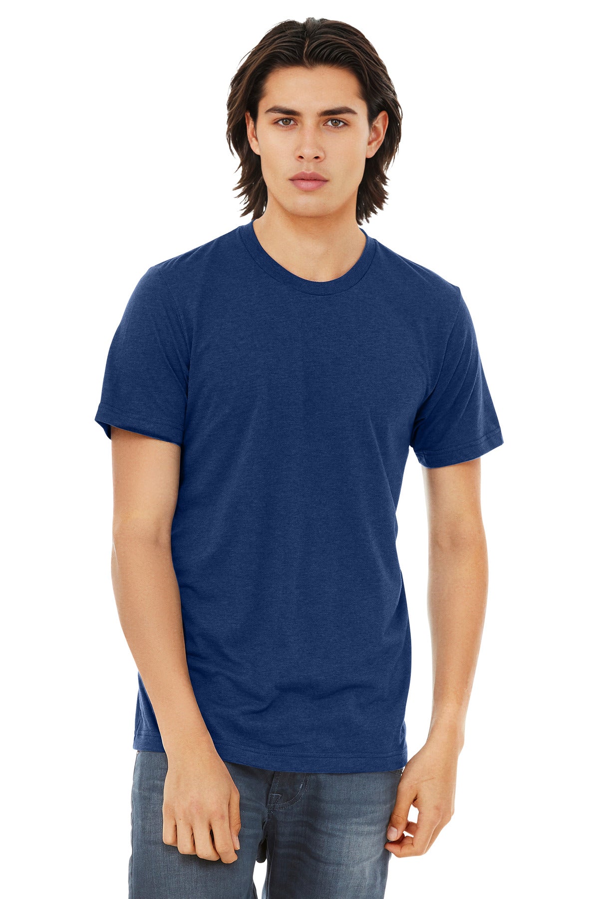 Front View of Navy TB BELLA+CANVAS Unisex Triblend Short Sleeve Tee. BC3413