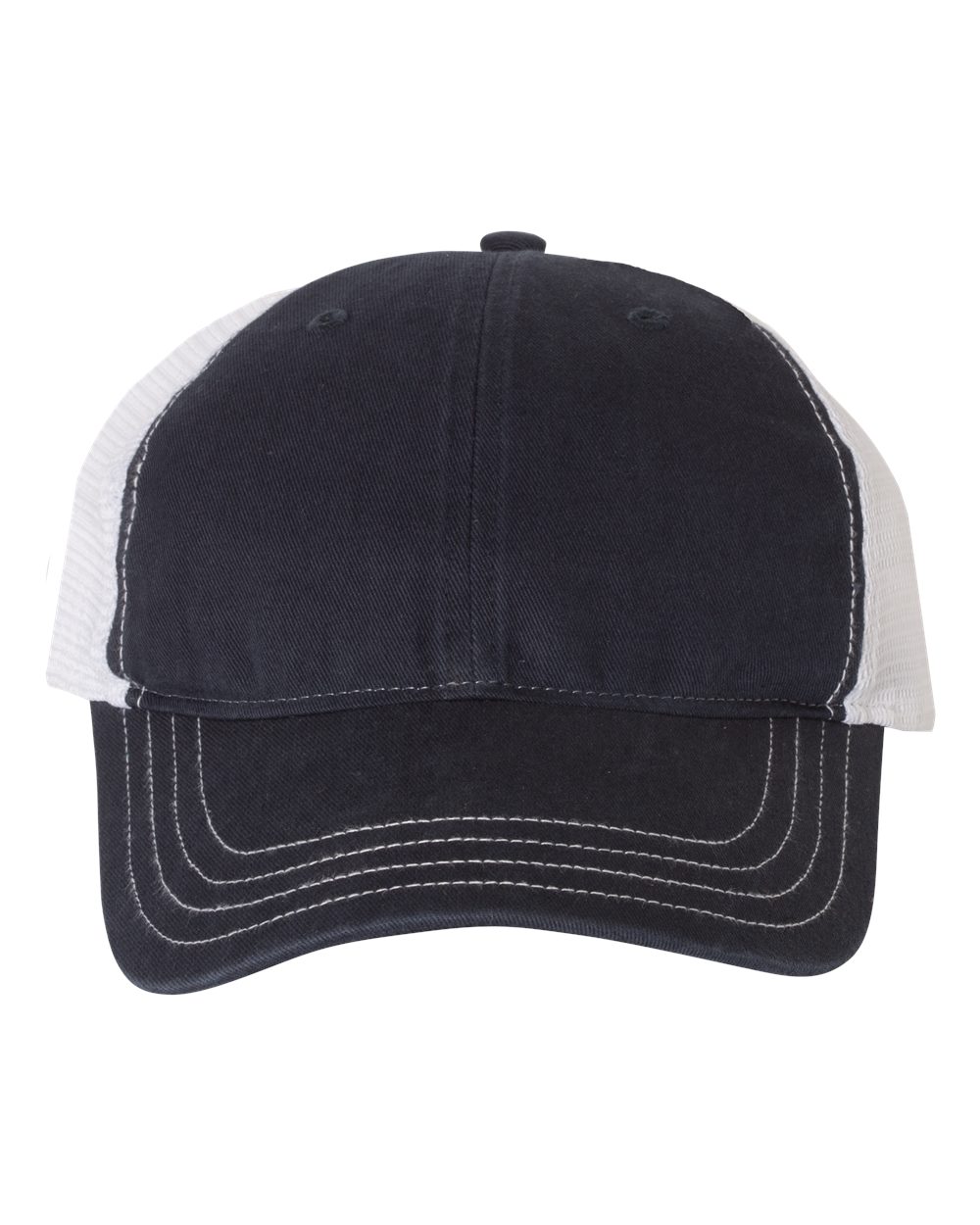 Front View of Navy/ White Garment-Washed Trucker Cap - 111