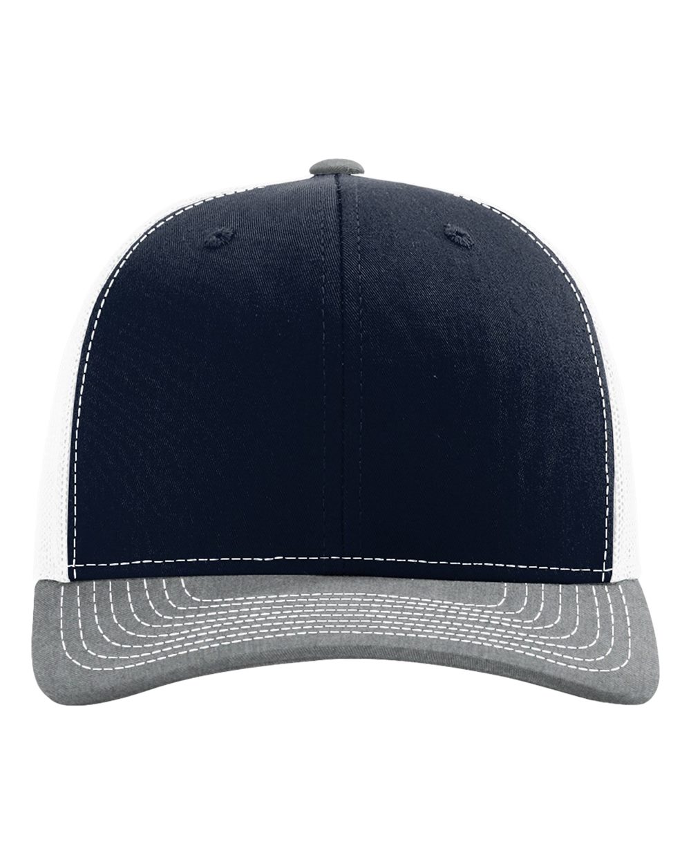 Front View of Navy/ White/ Heather Grey Snapback Trucker Cap - 112