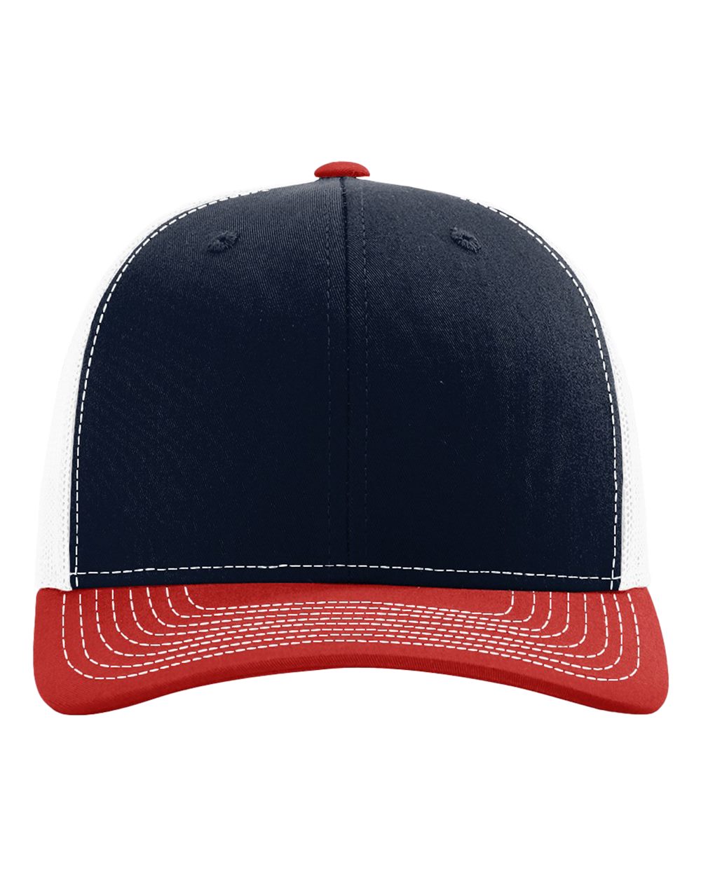 Front View of Navy/ White/ Red Snapback Trucker Cap - 112