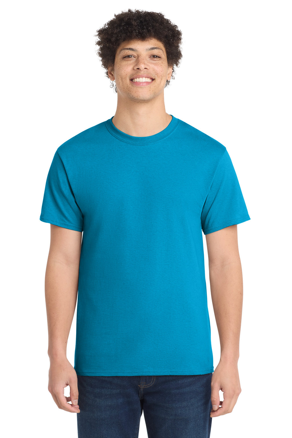Front View of Neon Blue Port & Co Core Cotton Tee. PC54