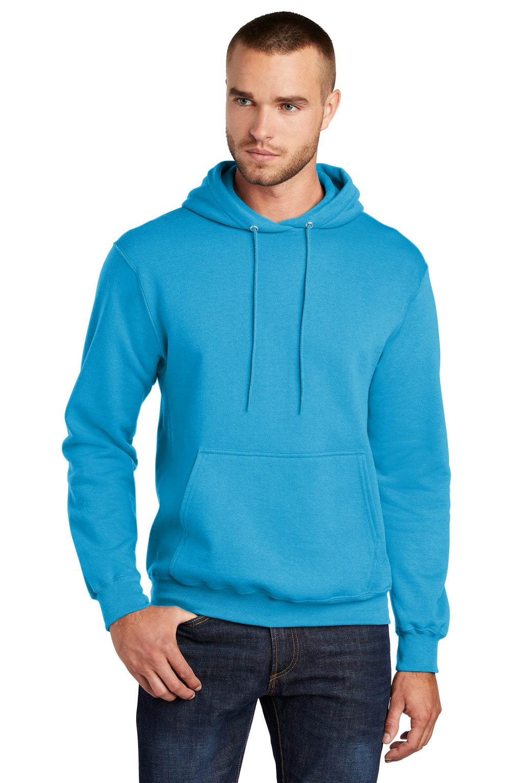 Front View of Neon Blue Port & Co Core Fleece Pullover Hooded Sweatshirt. PC78H