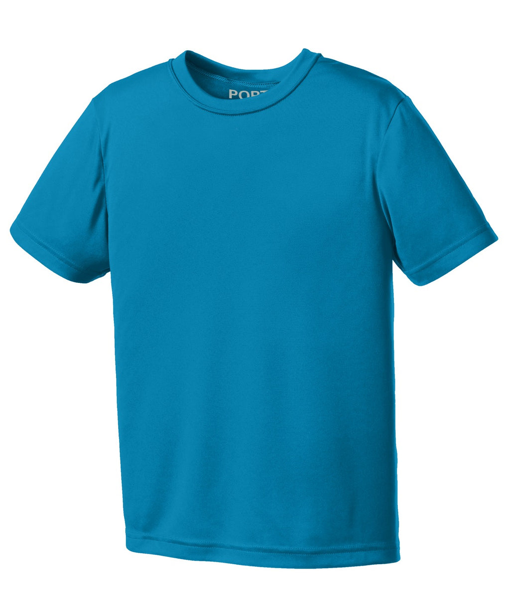 Front View of Neon Blue Port & Co Youth Performance Tee. PC380Y
