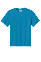 Front View of Neon Blue Port & Co Youth Performance Tee. PC380Y