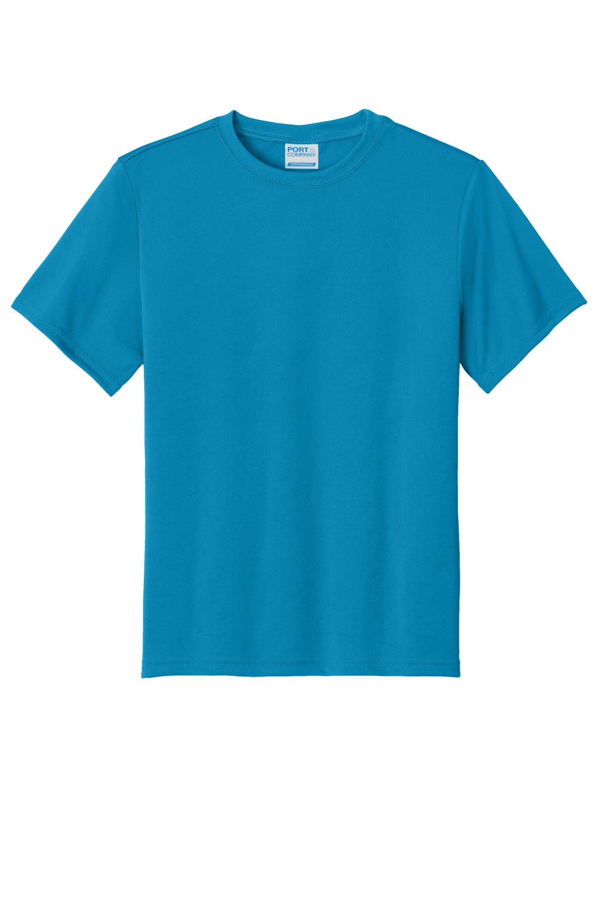 Front View of Neon Blue Port & Co Youth Performance Tee. PC380Y