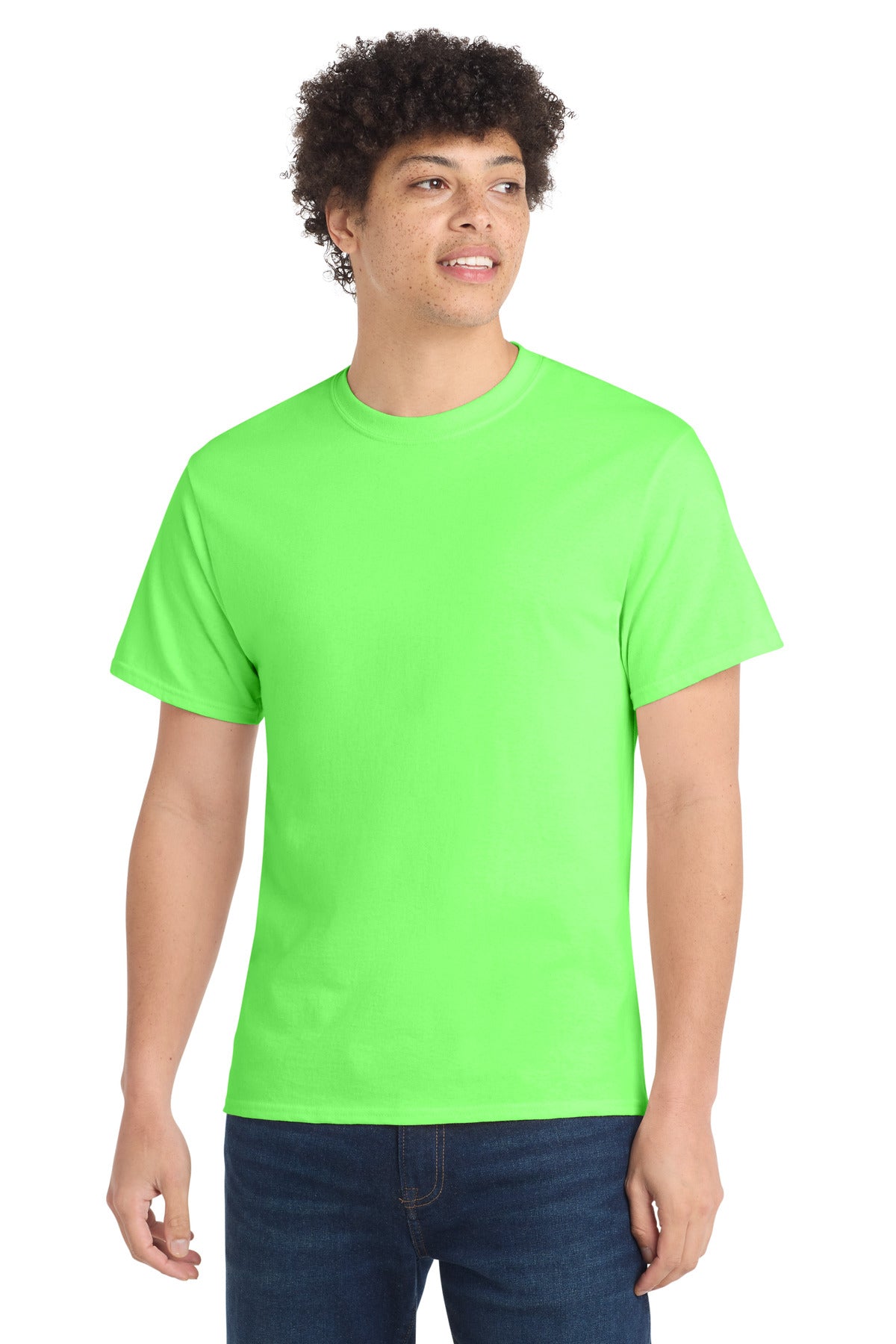 Front View of Neon Green Port & Co Core Cotton Tee. PC54