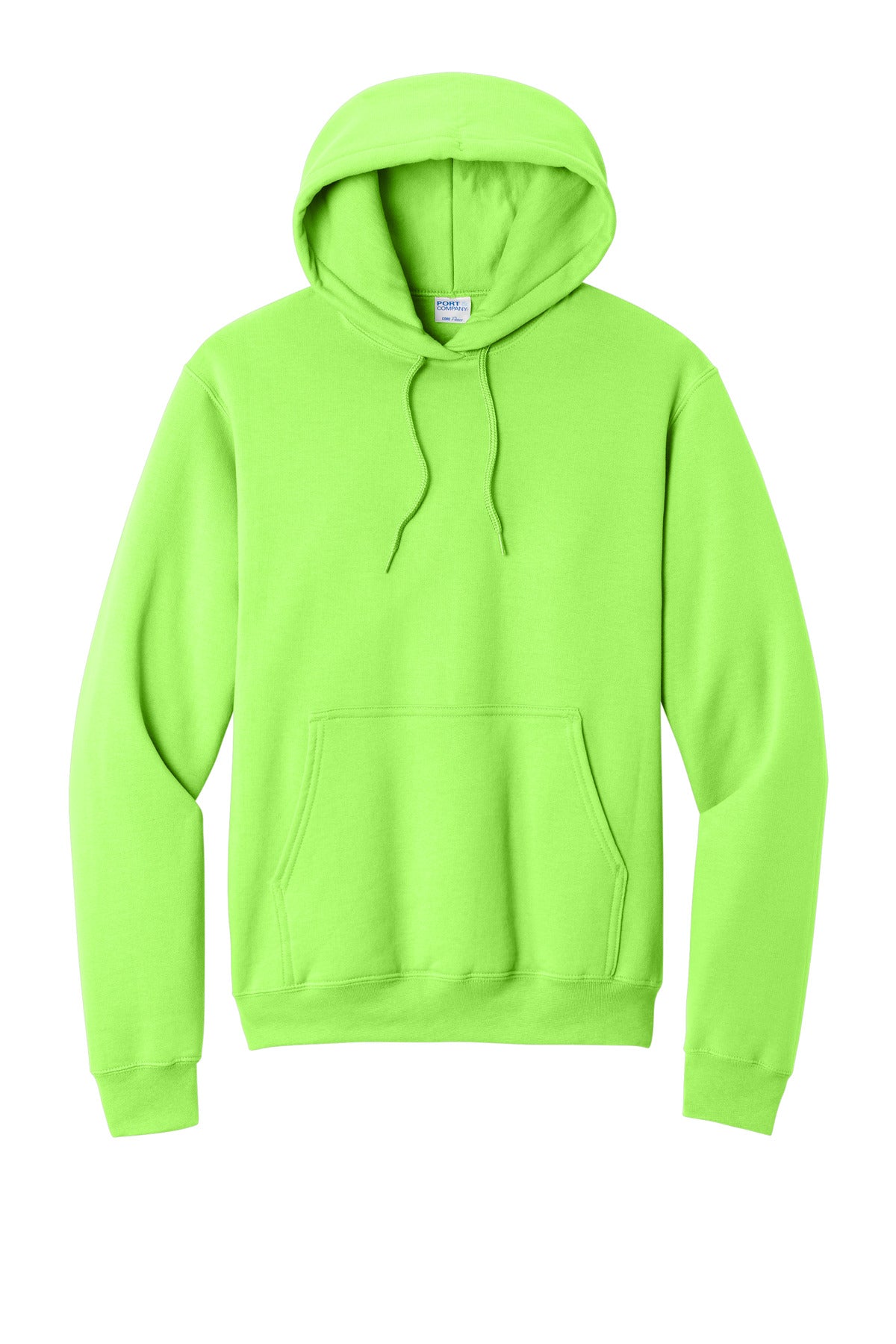 Front View of Neon Green Port & Co Core Fleece Pullover Hooded Sweatshirt. PC78H