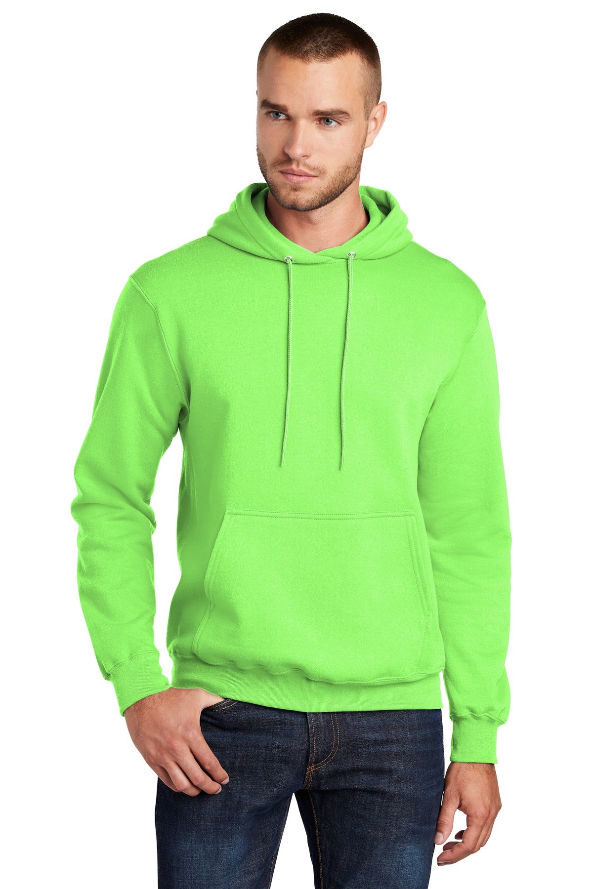 Front View of Neon Green Port & Co Core Fleece Pullover Hooded Sweatshirt. PC78H