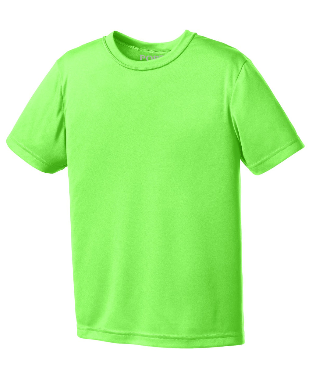 Front View of Neon Green Port & Co Youth Performance Tee. PC380Y