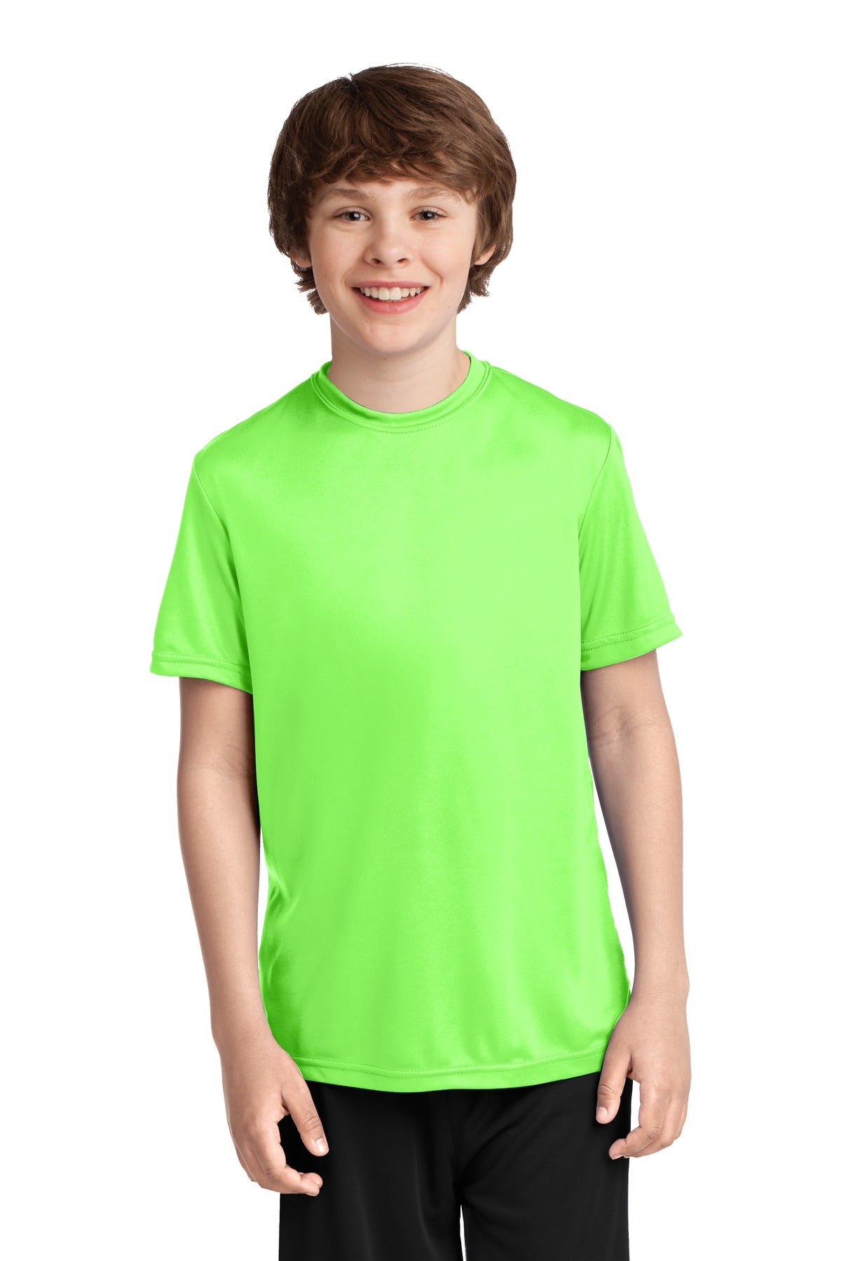 Front View of Neon Green Port & Co Youth Performance Tee. PC380Y