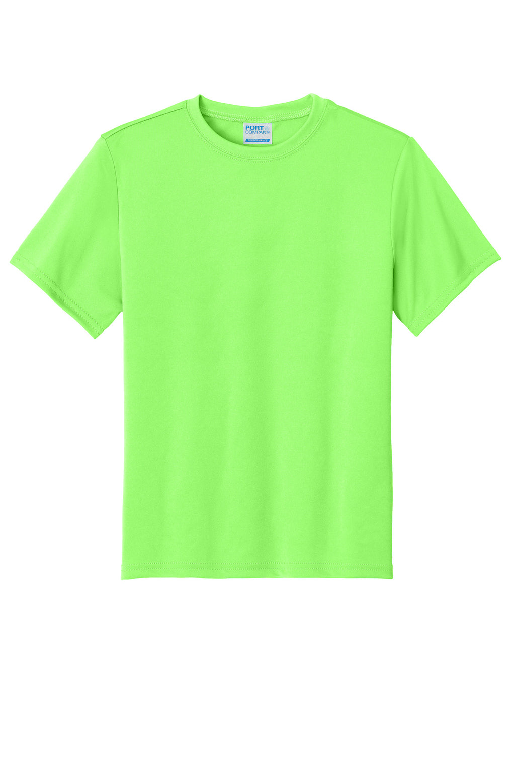 Front View of Neon Green Port & Co Youth Performance Tee. PC380Y