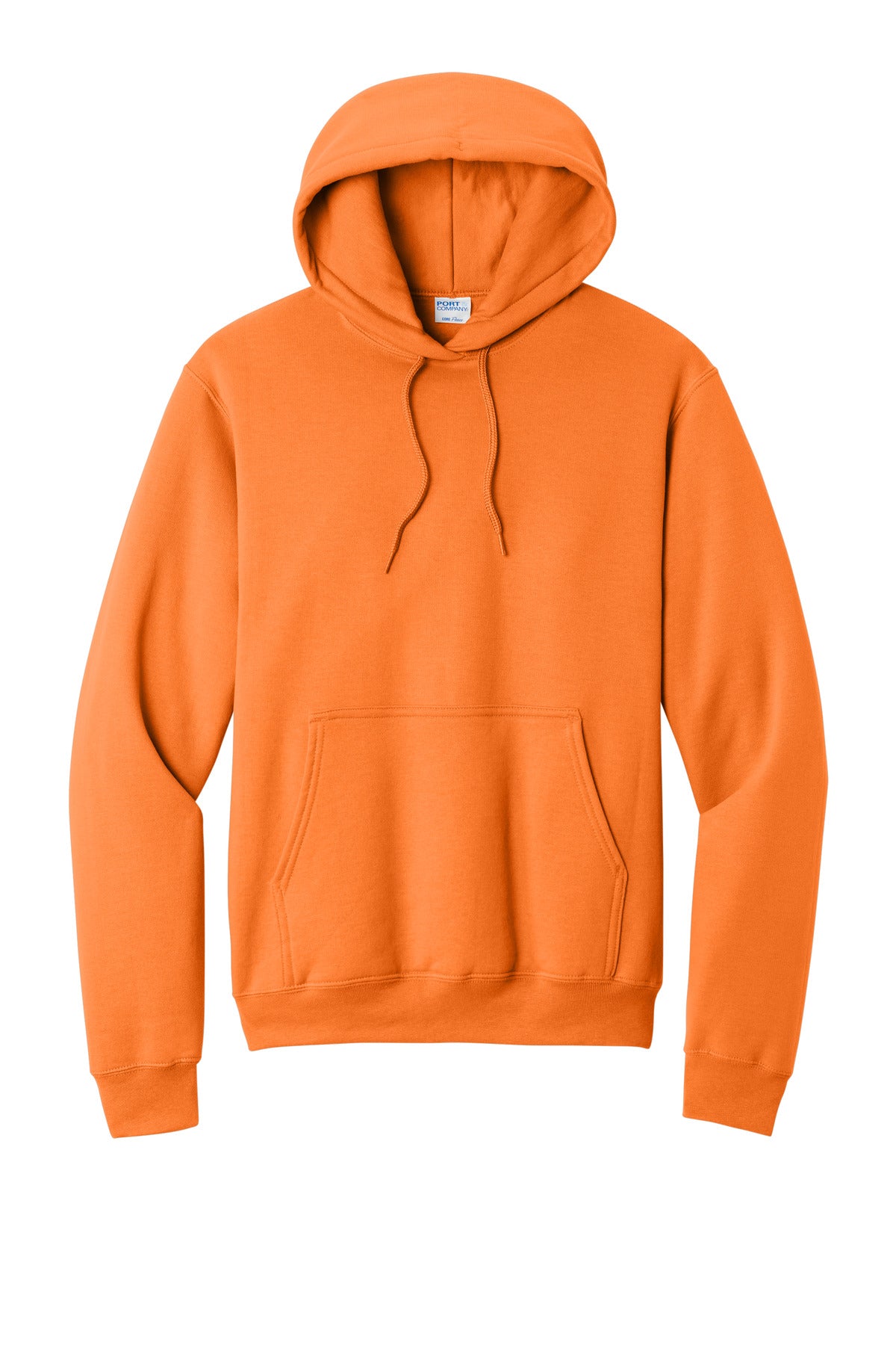 Front View of Neon Orange Port & Co Core Fleece Pullover Hooded Sweatshirt. PC78H