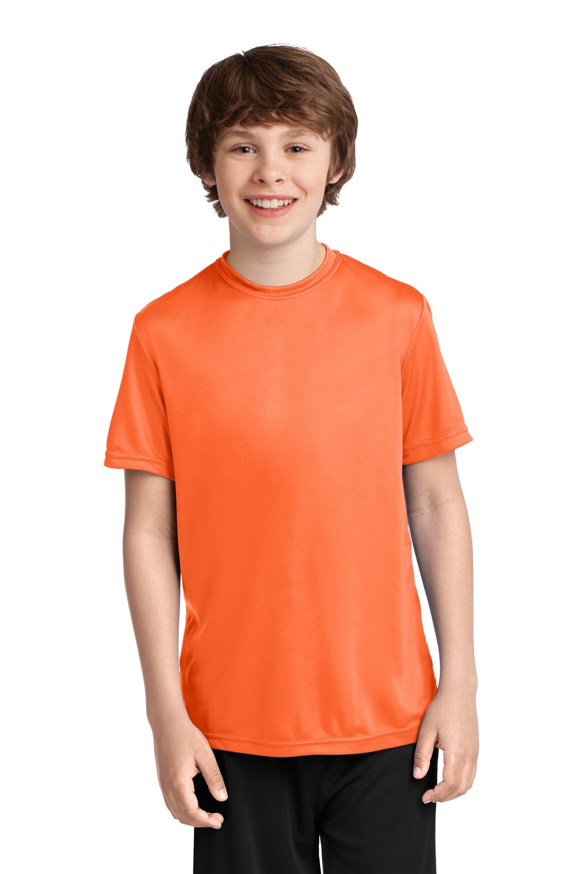 Front View of Neon Orange Port & Co Youth Performance Tee. PC380Y