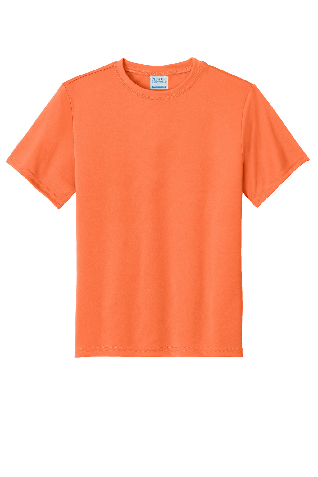 Front View of Neon Orange Port & Co Youth Performance Tee. PC380Y