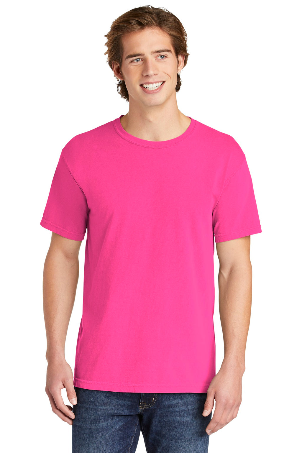 Front View of Neon Pink COMFORT COLORS Heavyweight Ring Spun Tee. 1717