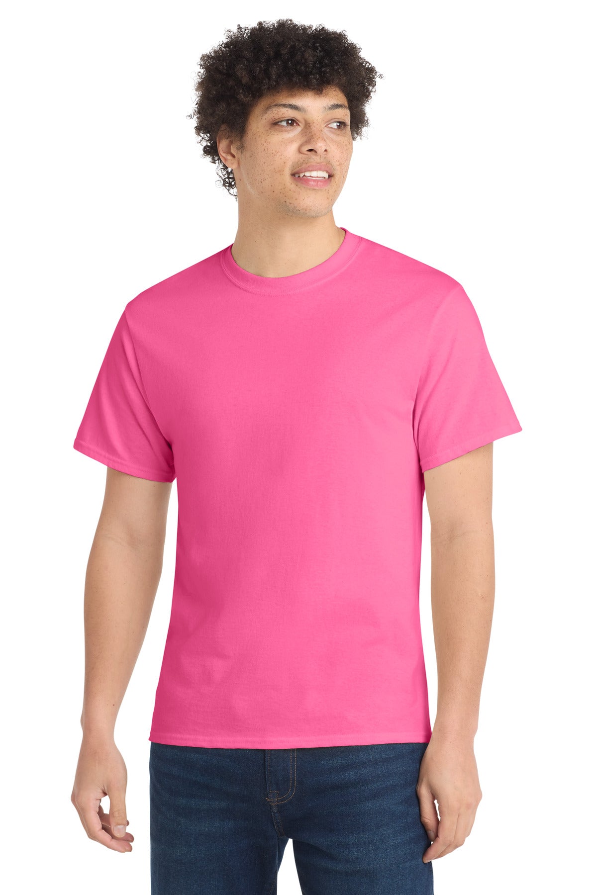 Front View of Neon Pink Port & Co Core Cotton Tee. PC54