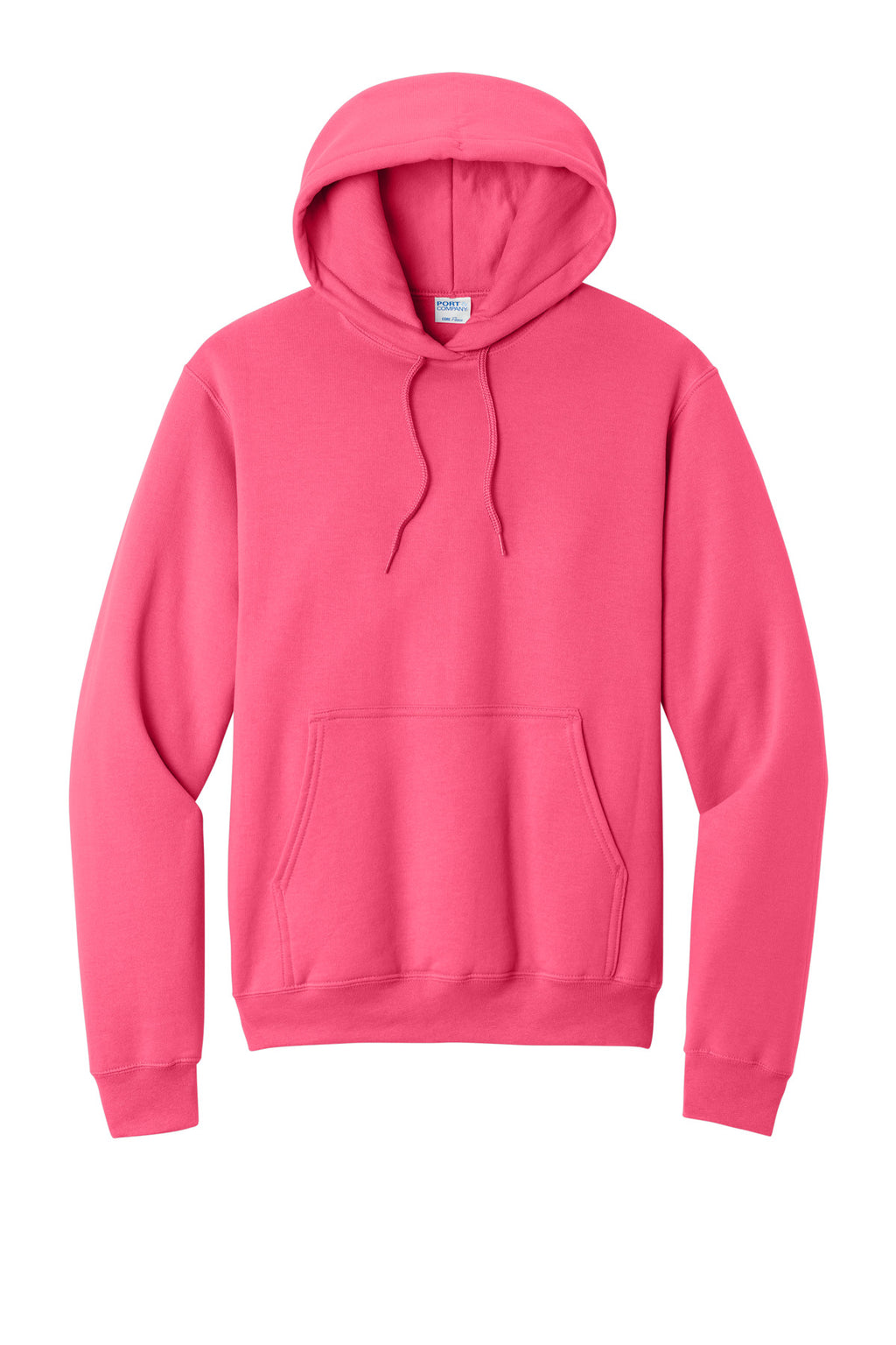 Front View of Neon Pink Port & Co Core Fleece Pullover Hooded Sweatshirt. PC78H