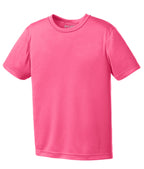 Front View of Neon Pink Port & Co Youth Performance Tee. PC380Y