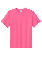 Front View of Neon Pink Port & Co Youth Performance Tee. PC380Y