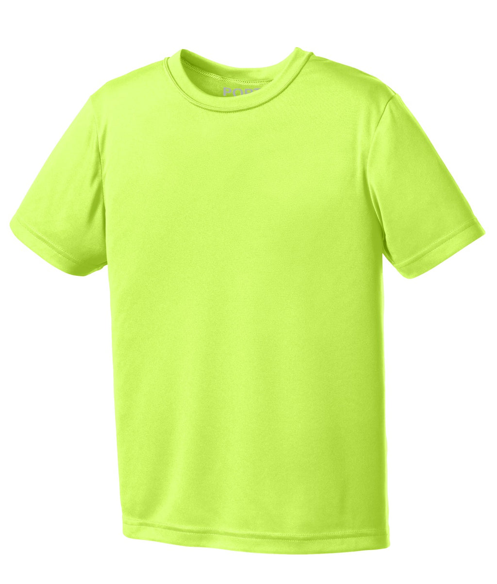 Front View of Neon Yellow Port & Co Youth Performance Tee. PC380Y
