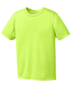 Front View of Neon Yellow Port & Co Youth Performance Tee. PC380Y