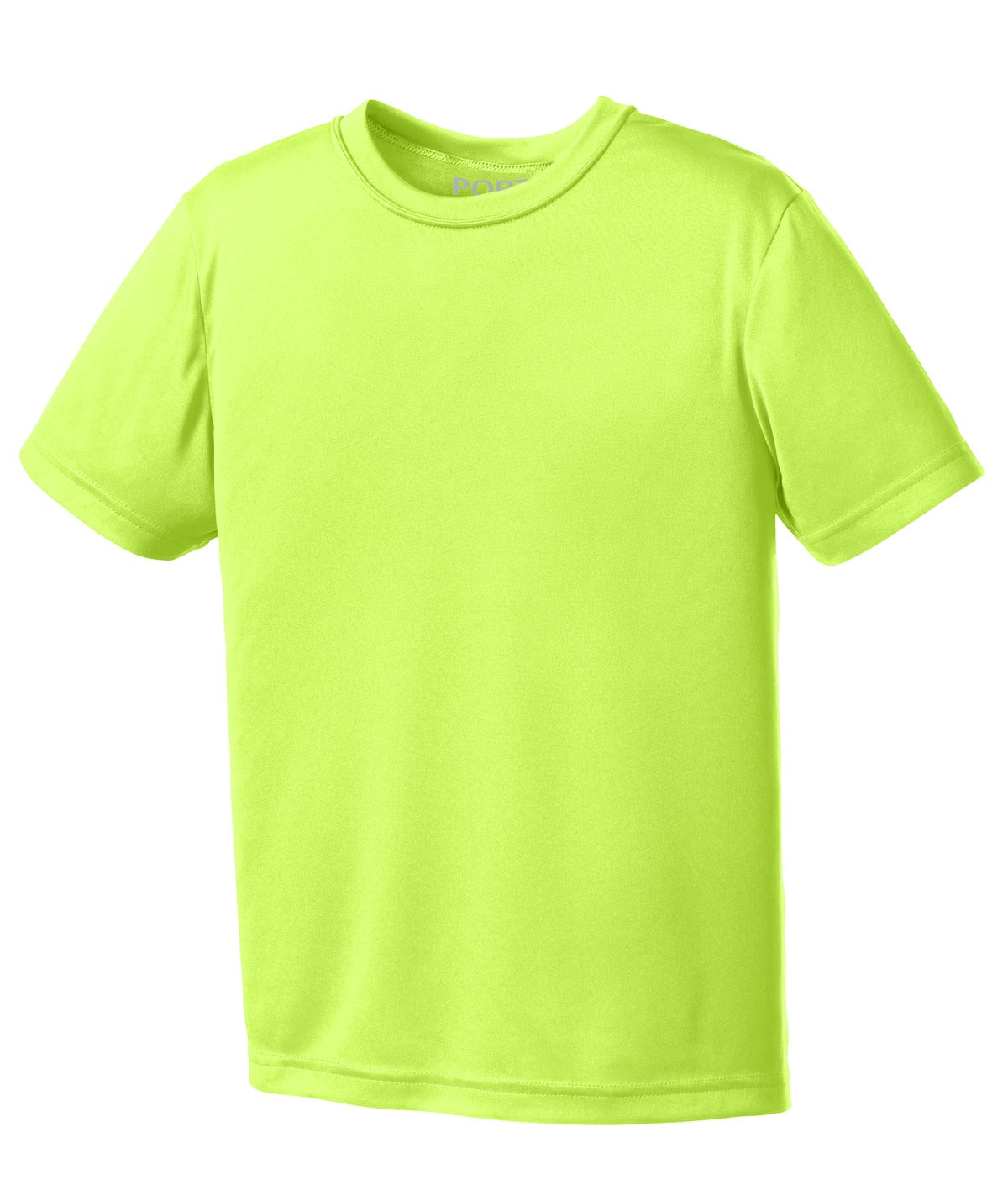 Front View of Neon Yellow Port & Co Youth Performance Tee. PC380Y