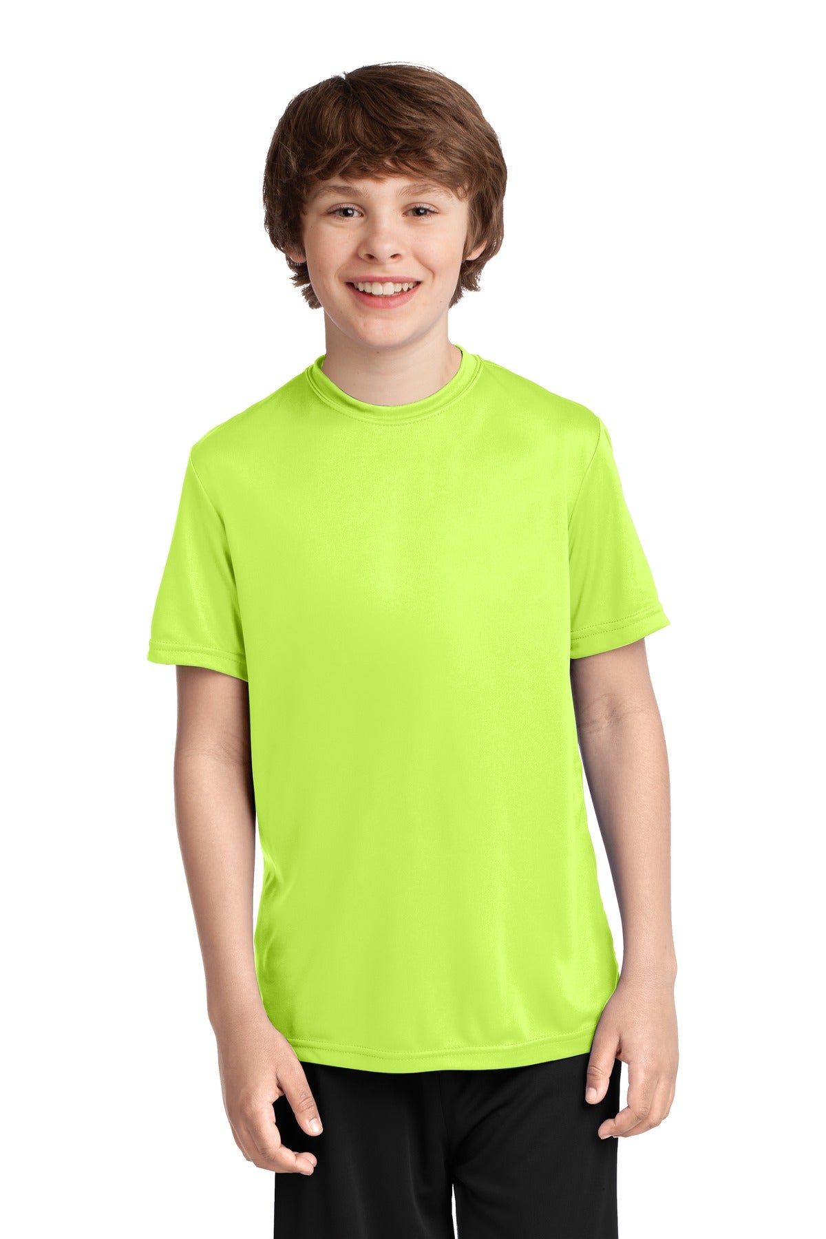 Front View of Neon Yellow Port & Co Youth Performance Tee. PC380Y