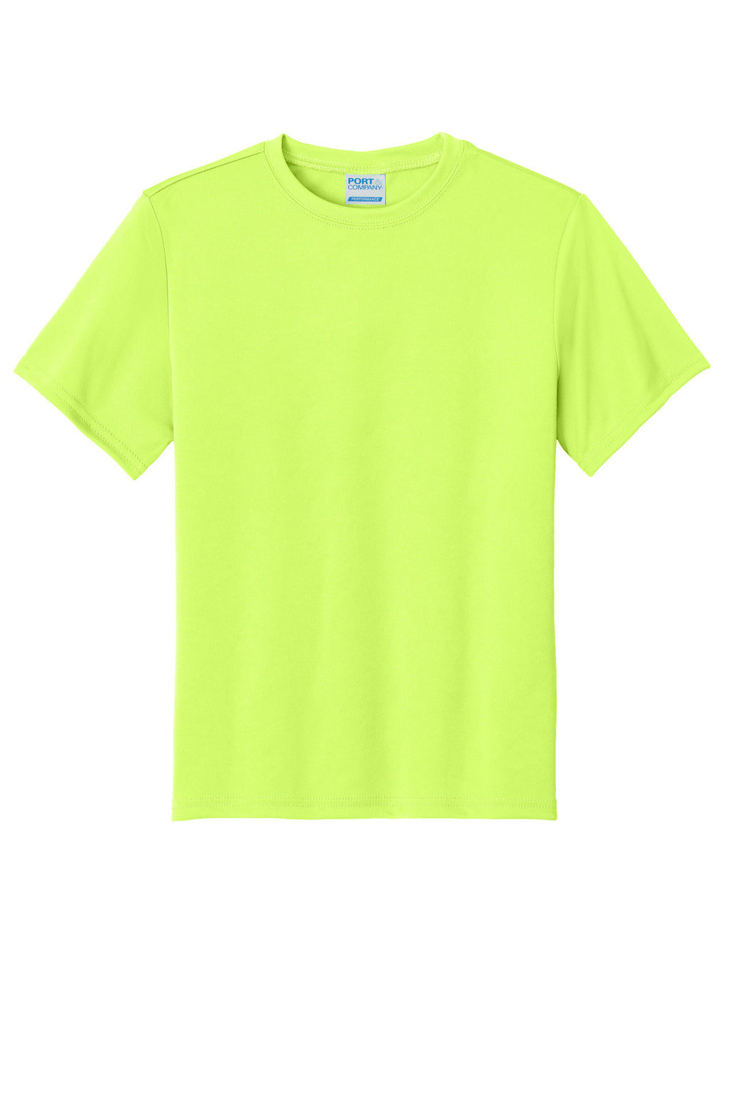Front View of Neon Yellow Port & Co Youth Performance Tee. PC380Y