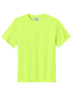 Front View of Neon Yellow Port & Co Youth Performance Tee. PC380Y