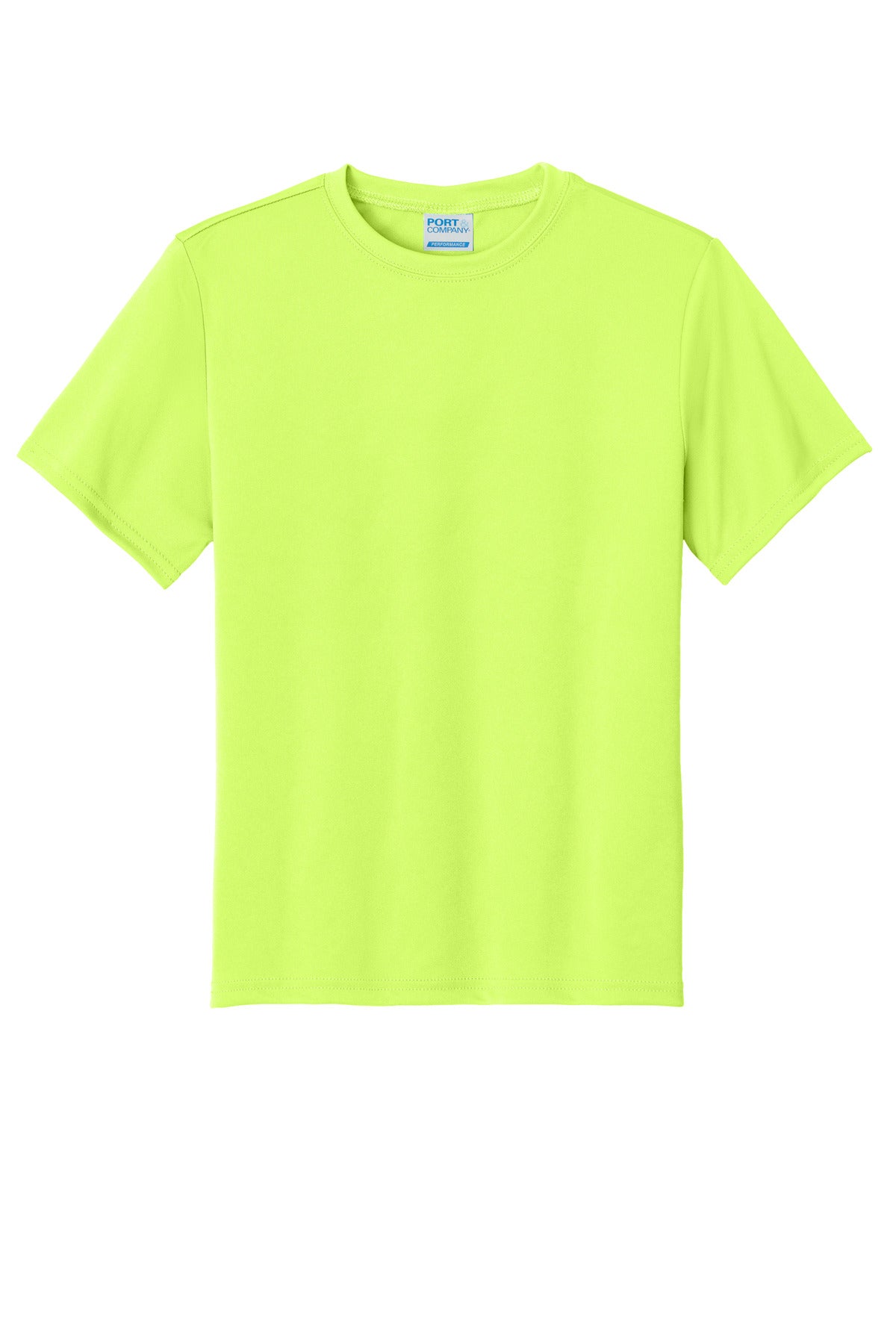 Front View of Neon Yellow Port & Co Youth Performance Tee. PC380Y