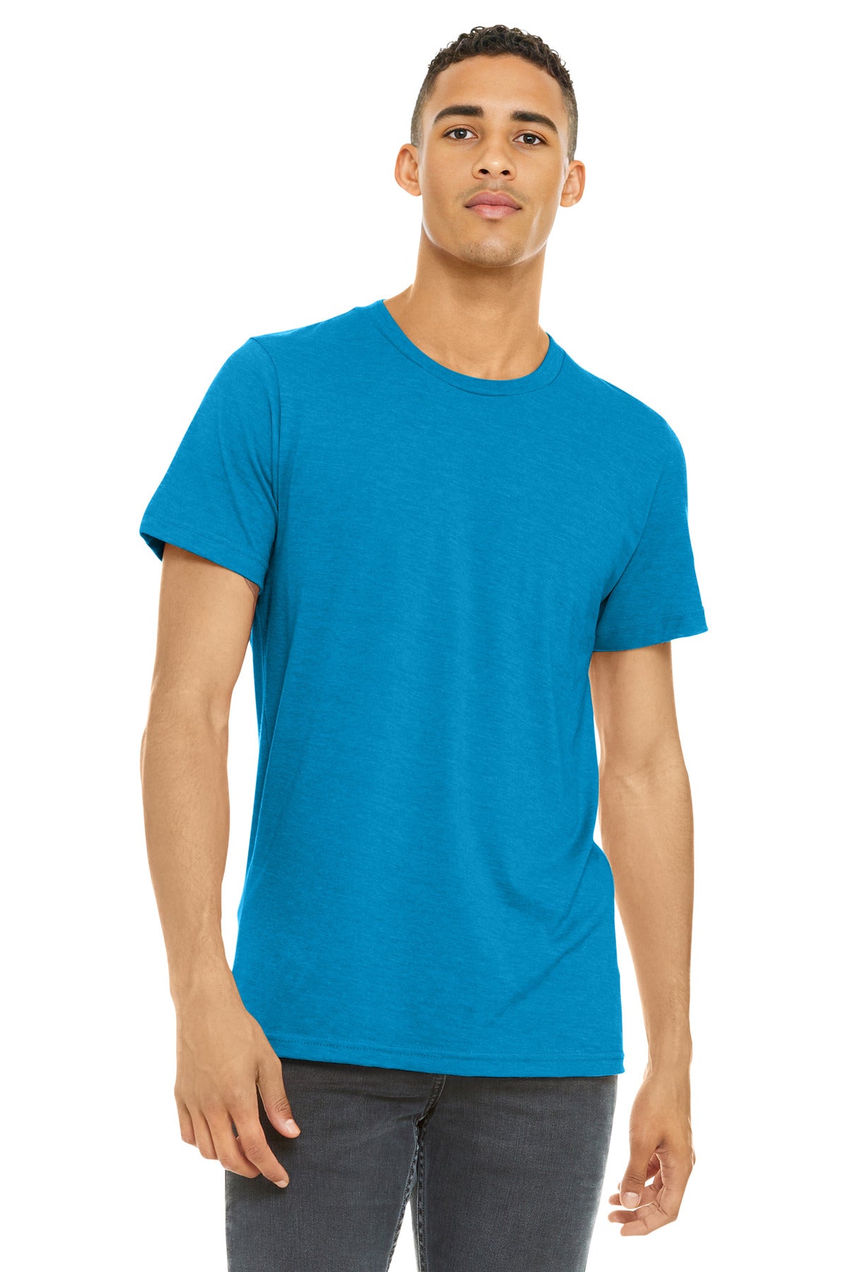 Front View of NeonBlue BELLA+CANVAS Unisex Heather CVC Short Sleeve Tee. BC3001CVC